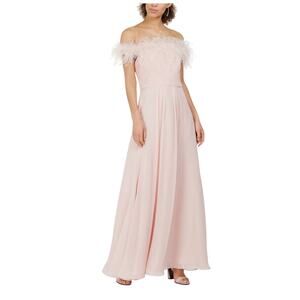 Eliza J Off the Shoulder Feather Trim Chiffon A-Line Evening Gown Pink Size 12
